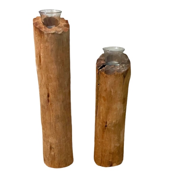 Hand Crafted Rustic, Natural Wood Stump Candelabra, Set Of 2
